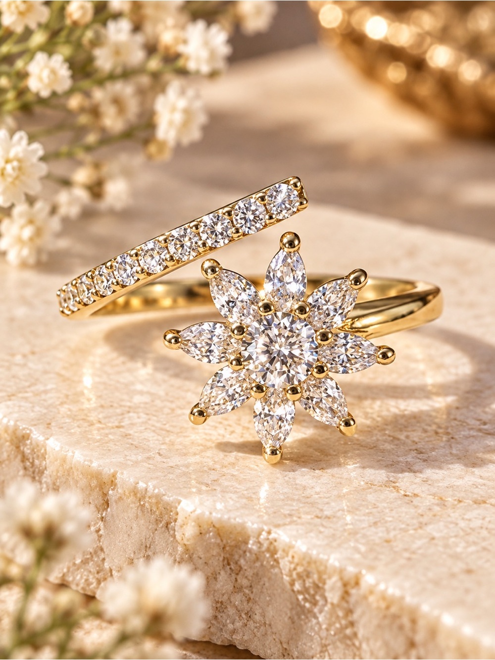 Gold Adjustable Floral Starburst CZ Open Ring Sparkling Statement Jewelry